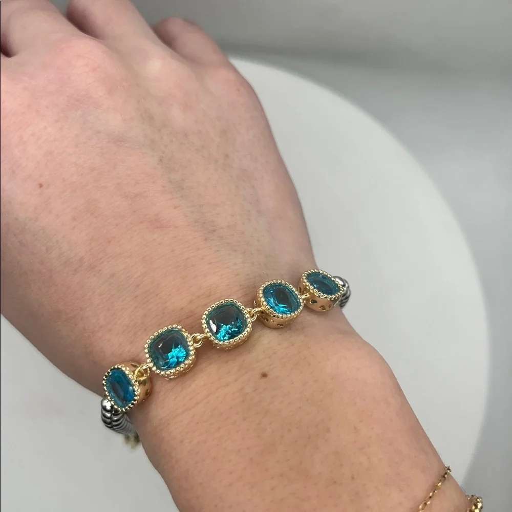 1394. 18k White Gold Plated and 18k Gold Plated Marine Blue Bracelet 7 1/4” - 8”